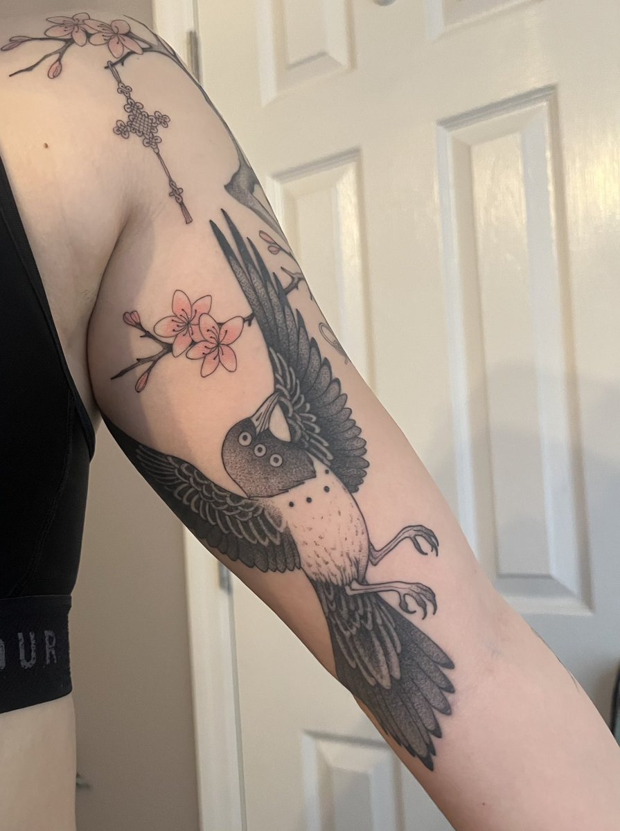 Mewo51's tweet photo. Just wanted to share my #KPOPDEMONHUNTERS inspired tattoo 💜🩷🩵 got the girls norigae ornaments and Derpy &amp; Sussie of course. I’m in love with it! https://t.co/gpGTc8BtTz