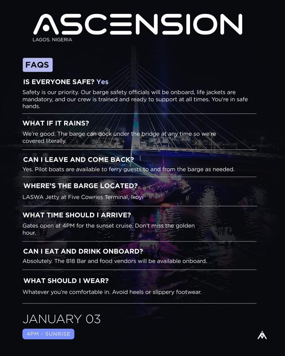 The voyage is almost here.🛥️

The barge is ready, and the energy is building.🔥

This is everything you need to know to ensure you have a seamless day. 

See you soon!🛥️🖤