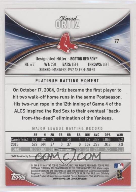 🌟 My daughter's most recent sale on <a href="/CheckOutMyCards/">COMC.com - Check Out My Cards</a>:

2016 Bowman Platinum - [Base] - Ice #77 David Ortiz (Boston Red Sox)

🫰 SOLD FOR $1.20  🫰

Much more available on COMC here:
comc.com/Users/Danielle…
and on eBay:
ebay.com/sch/i.html?_dk…