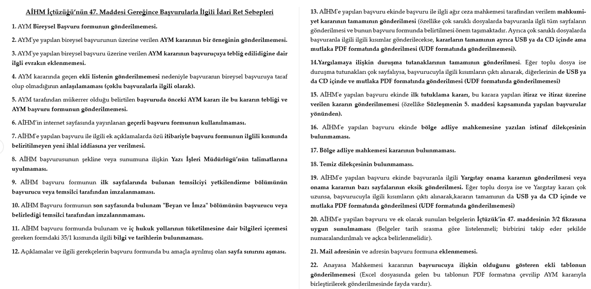 AİHM, en küçük bir eksiklikte dahi başvuruları reddedebilmekte ve bu durum telafisi güç mağduriyetlere yol açabilmektedir. İdari ret kararlarıyla karşılaşmamak adına, başvuru öncesinde mutlaka bakılması ve herkesin "yer işaretlerinde" bulunması gereken güncel liste aşağıdadır.👇