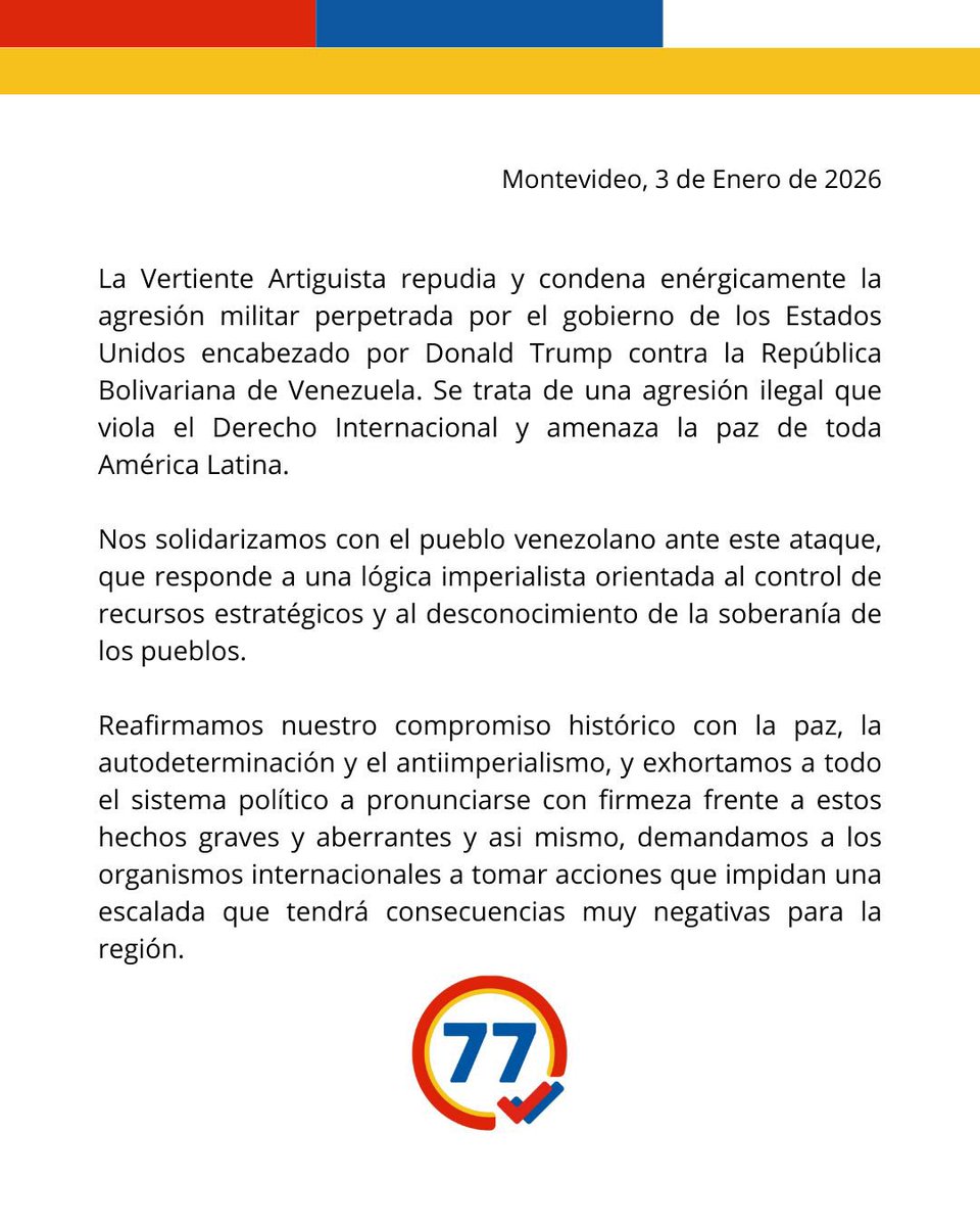 Declaración de la Vertiente Artiguista ante los recientes sucesos en Venezuela