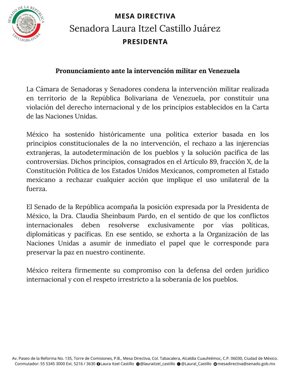 Frente a los últimos acontecimientos ocurridos en Venezuela, la Mesa Directiva de la Cámara de Senadoras y Senadores que me honro presidir, emite el siguiente comunicado.

Hoy más que nunca, recordemos las palabras del expresidente Benito Juárez: "Entre los individuos, como entre