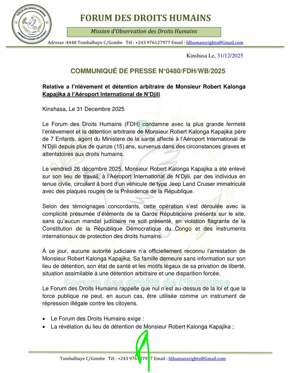 WilliamBandoma's tweet photo. Depuis le 26 Dec, un citoyen et père de famille à été enlevé et détenu arbitrairement par les (Conseil National de la Cyber Défense), organe de la @Presidence_RDC.
J’ai personnellement saisi le Président de la @rdc_cndh, le Repr. @MONUSCO Patrice Vahard, et @amnesty
#FreeRobert https://t.co/R83bIAuGbE