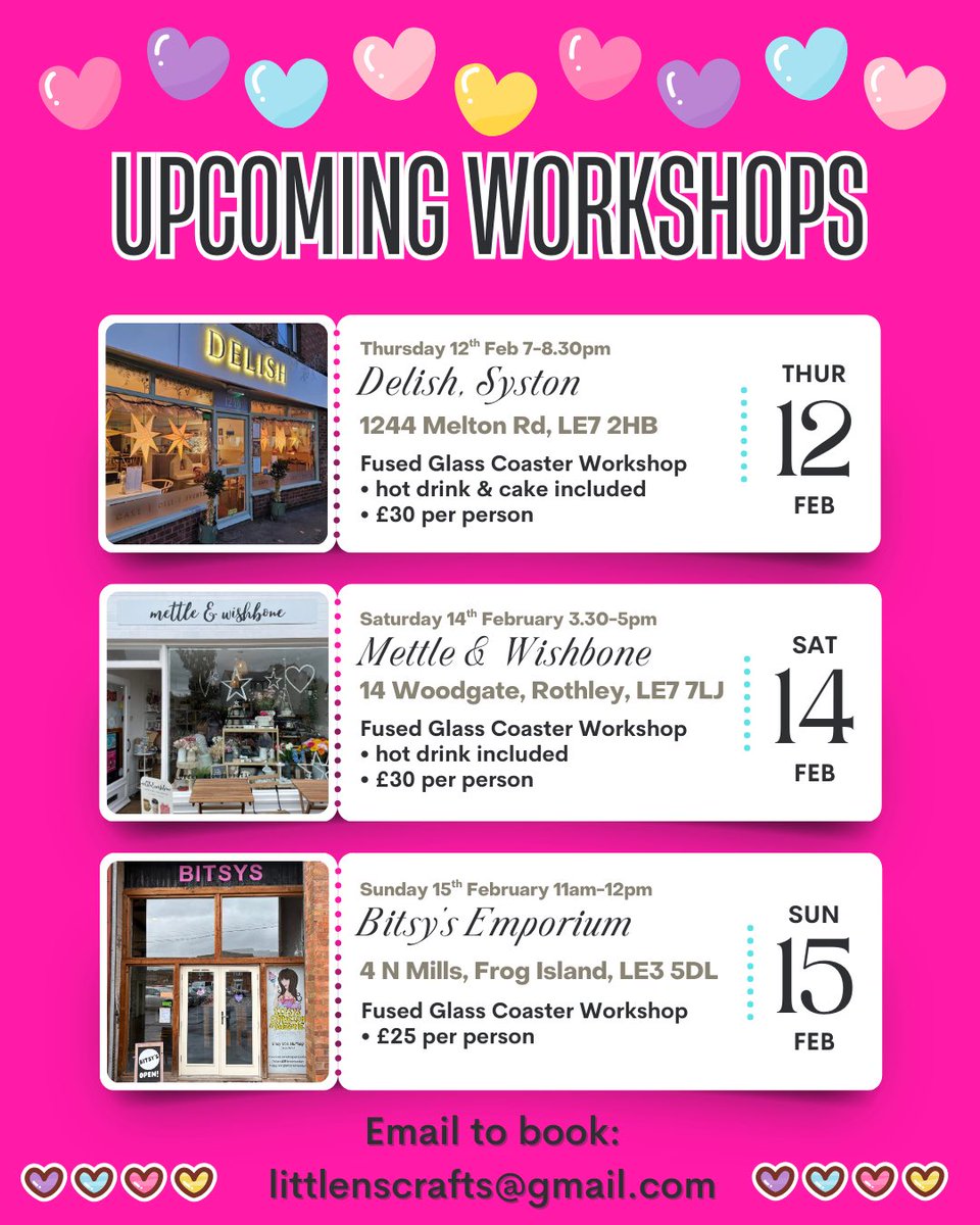 💟💟💟 February Workshops 💟💟💟

💌 Email to book: littlenscrafts@gmail.com

#HandmadeUK #Workshop #GlassFusion #Leicestershire #Valentines #Galentines