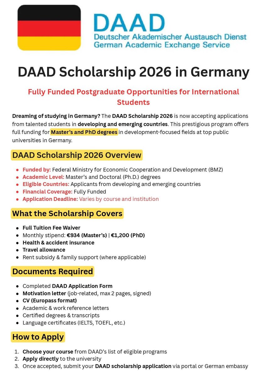 DAAD Scholarship Germany 2026-2027 (Fully Funded) is Announced*

Details: scholarshipforphd.com/daad-scholarsh…

International Students for Masters &amp; Ph.D. ALL Nationality are Eligible

All the Expenses will be Covered by DAAD.

Travel Allowance, Monthly Stipend, Health Insurance, Family
