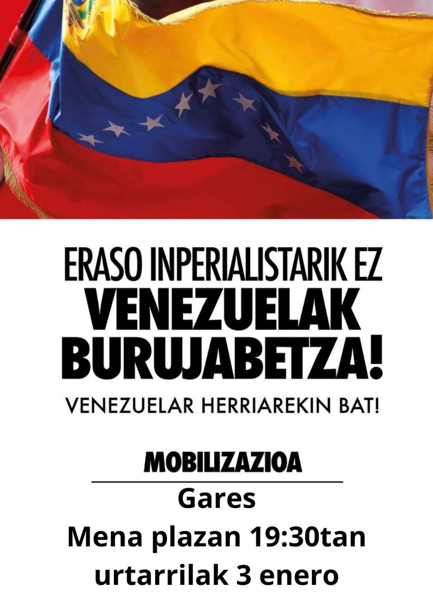 Gaur arratsaldean kontzentrazioa Garesen:

Eraso inperialistarik ez. Venezuelak burujabetza. Venezuelar herriarekin bat!

Hoy a la tarde concentración en Gares:

No a las agresiones imperialistas. Soberania para Venezuela. Todxs con Venezuela!