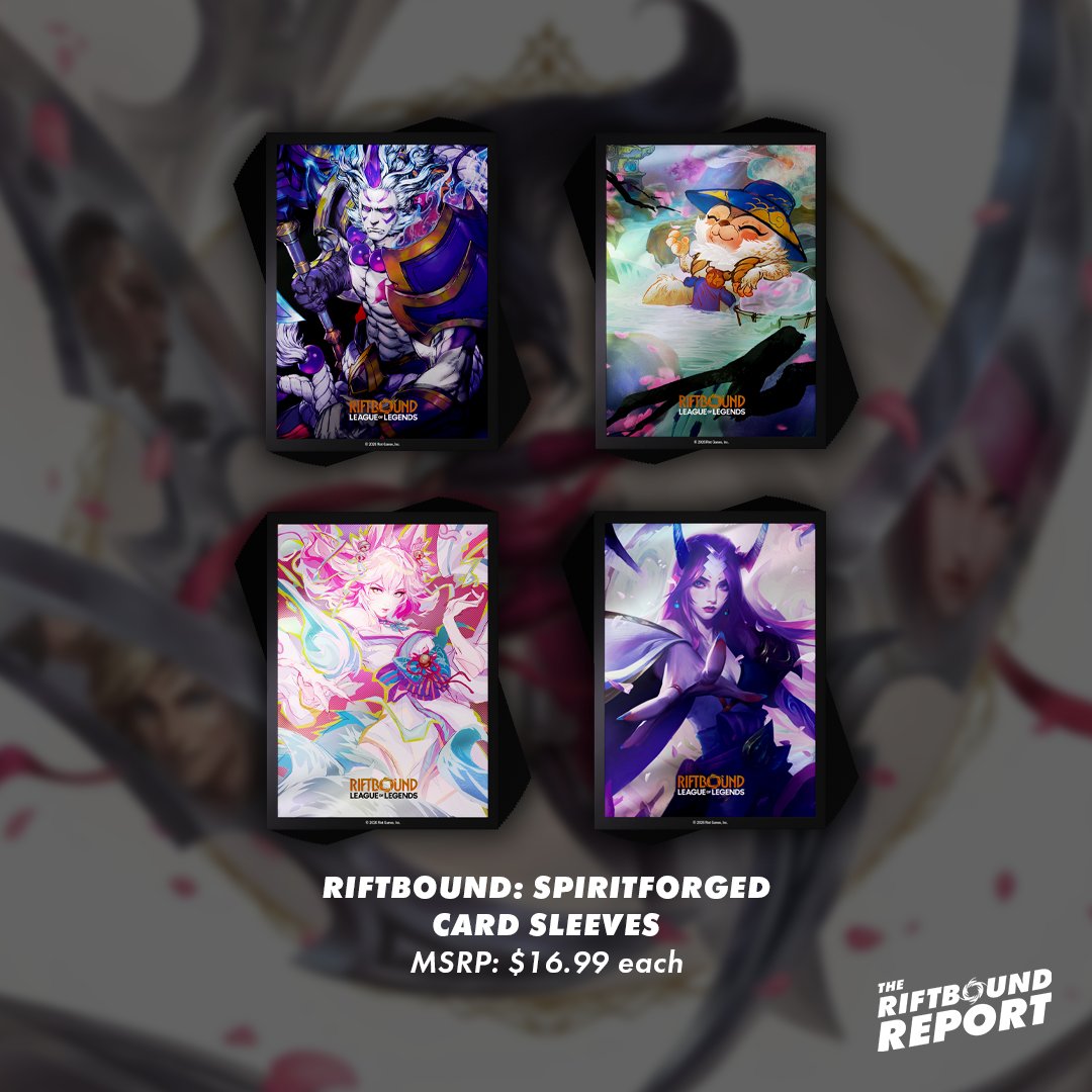 Spiritforged Playmat: MSRP: $27.99 each Spiritforged Card Sleeves: MSRP: $16.99 each 1 pack contains 100 Sleeves Art used: Spirit Blossom Darius Spirit Blossom Springs Teemo Spirit Blossom Ahri Spirit Blossom Irelia Spiritforged Playmat: MSRP: $27.99 each Spiritforged Card Sleeves: MSRP: $16.99 each 1 pack contains 100 Sleeves Art used: Spirit Blossom Darius Spirit Blossom Springs Teemo Spirit Blossom Ahri Spirit Blossom Irelia