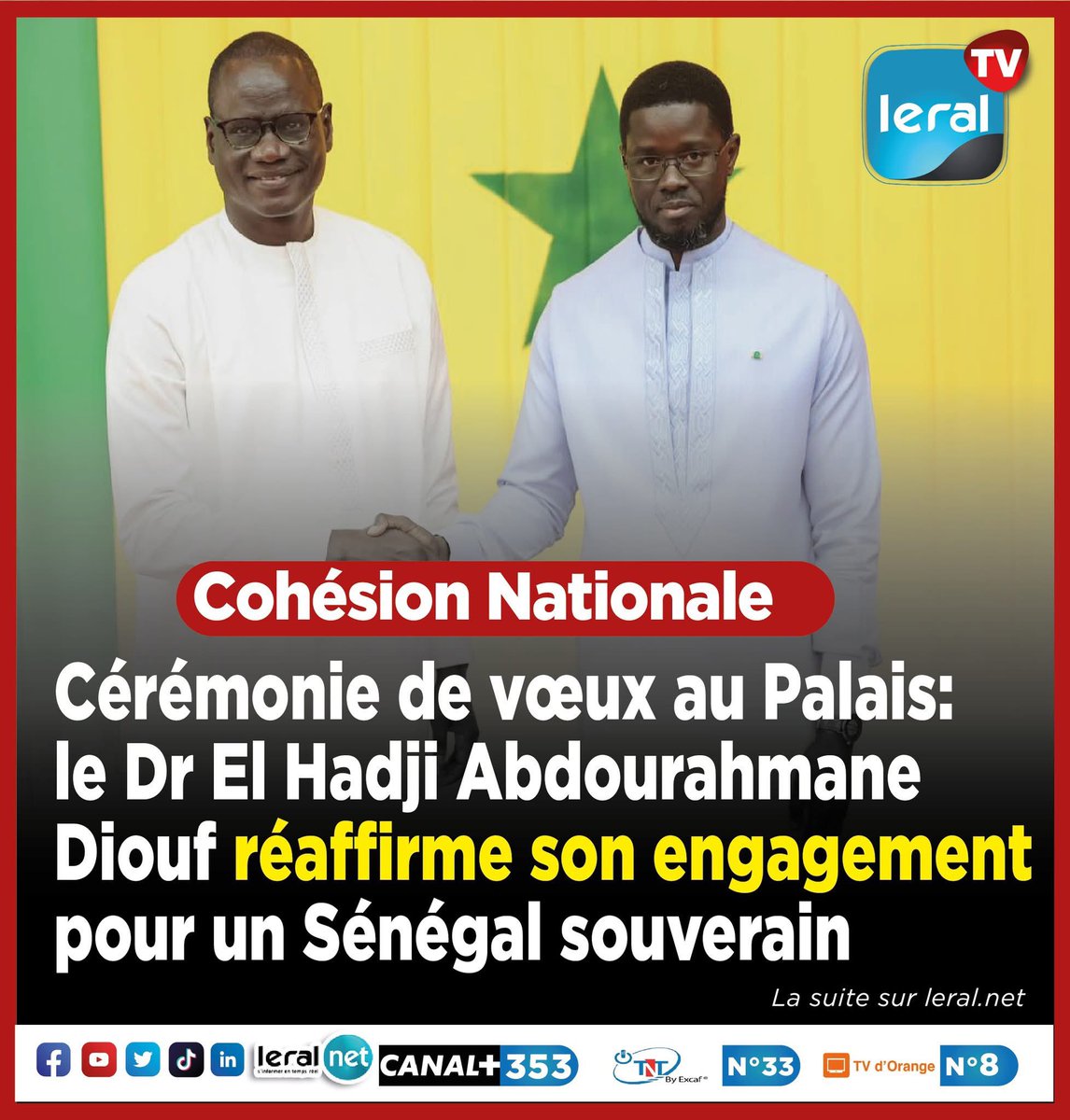 AwaleFr's tweet image. 🏛️ République : le Dr El Hadji Abdourahmane DIOUF a pris part à la présentation des vœux au Président Bassirou Diomaye Faye. Un engagement fort pour la paix, la cohésion nationale, un Sénégal juste et prospère. 🇸🇳✨ 
#Sénégal #DiomayeFaye #Engagement #Vœux2026