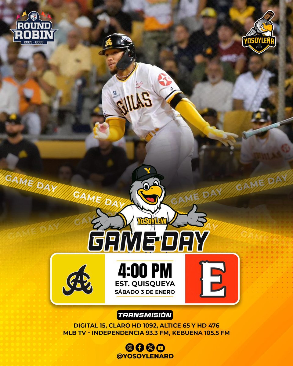 ¡JUEGO DEL DÍA! 

Nuestras <a href="/aguilascibaenas/">Águilas Cibaeñas</a> enfrentan hoy a <a href="/EscogidoBBClub/">𝐄𝐬𝐜𝐨𝐠𝐢𝐝𝐨 𝐁𝐚𝐬𝐞𝐛𝐚𝐥𝐥 𝐂𝐥𝐮𝐛</a> en la capital. 

🕢 4:00PM 
🏟️ Estadio Quisqueya 
📺 Digital 15
📻 Ke Buena 105.5 FM 
🖥️ MLB TV 

#YoSoyLeña