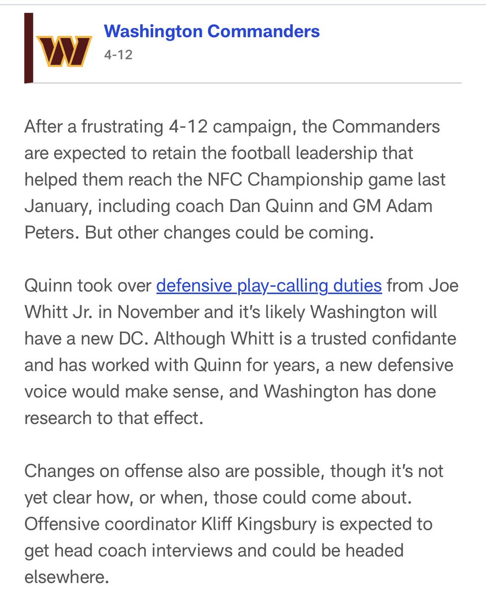 JoshTaylorFB's tweet image. Tom Pelissero and Mike Garafolo say the Commanders have already done research on adding a new defensive coordinator, and that changes could be coming on offense as well. Dianna Russini said that the Commanders could move on from Kliff Kingsbury, even if he doesn’t get another job…