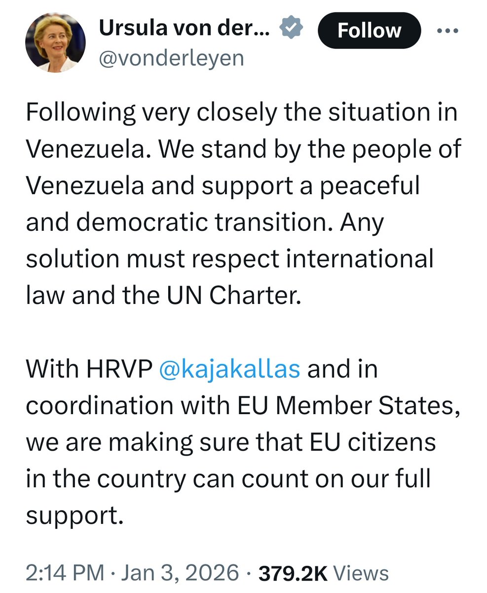 Ursula von der Leyen

2022: "Fuerzas rusas invaden Ucrania. Condenamos este ataque bárbaro".
2026: "Seguimos muy de cerca la situación en Venezuela. Apoyamos la transición democrática".

La Comisión Europea es el brazo político de la OTAN y del imperialismo estadounidense.