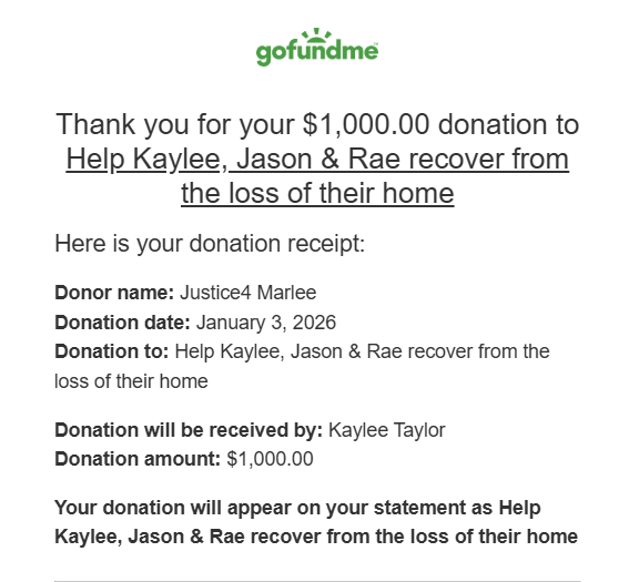 Good morning! We just sent our second donation and plan to keep the momentum going with a series of targeted efforts over the next 24 hours.   

Right now, our top focus is getting Marlee's story in front of the people and platforms that can actually make a difference. JUSTICE!