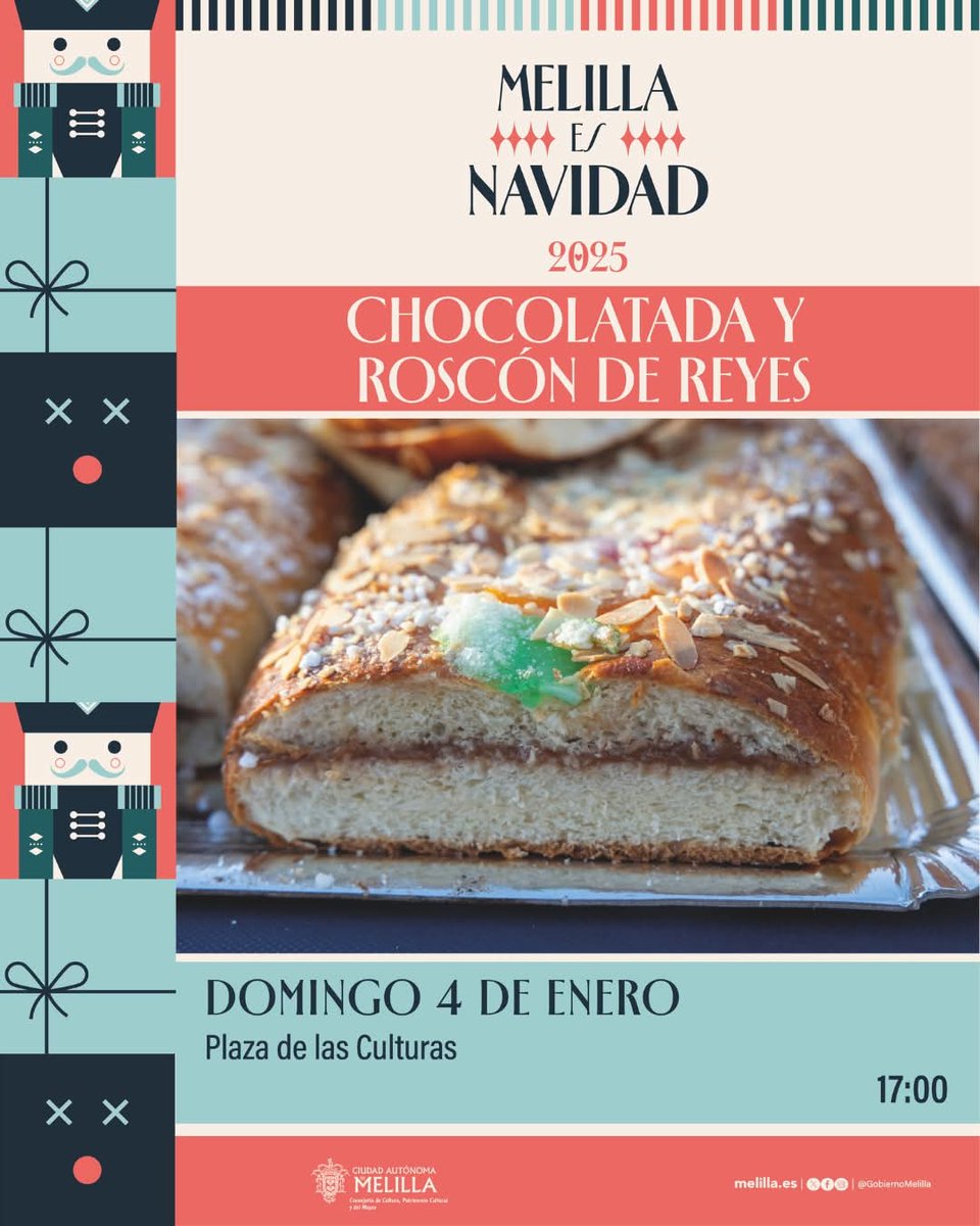 🎄 Melilla es Navidad 🎄
Este domingo 4 de enero, ven a celebrar la tradición más dulce de estas fiestas:
🍫 Chocolatada y Roscón de Reyes  
📍 Plaza de las Culturas  
🕔 A partir de las 17:00 h

Un encuentro para compartir, saborear y disfrutar en familia. ¡No faltes!