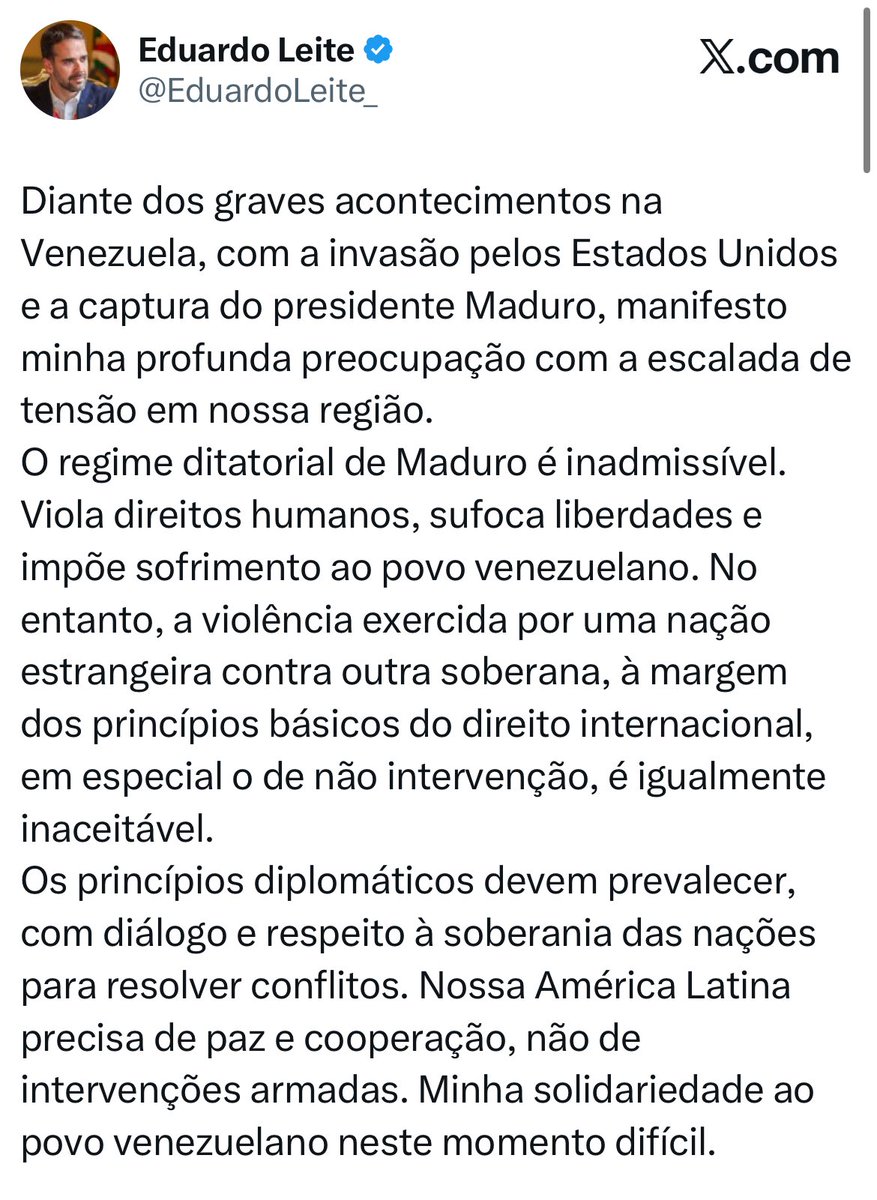 GugaNoblat's tweet photo. Nem todo político de direita é entreguista como são os bolsonaristas. Eduardo Leite, governador do RS, preocupado com a invasão americana e escalada da violência na América do Sul: “violência exercida por uma nação estrangeira contra outra soberana”. https://t.co/5PCUcvAgop