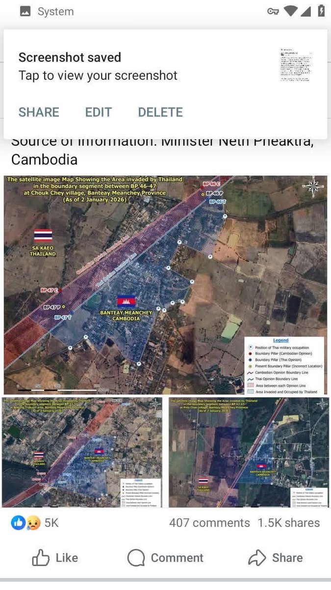 SovanRatana_'s tweet photo. 🚨 SATELLITE IMAGERY EXPOSES THE TRUTH: Thai Forces Push Into Cambodian Territory AFTER Ceasefire — Over 9,000 Displaced in Banteay Meanchey Occupation! 💥🇹🇭🇰🇭 Clear as day from January 2 2026 satellite images the Thai military has advanced across multiple border segments in Cambodia's Banteay Meanchey Province sealing off land with shipping container barricades flying Thai flags and entrenching heavily armed units behind them in what Cambodian Minister of Information Neth Pheaktra calls a blatant occupation not a dispute or confusion leaving 2275 families over 9000 people including women and children displaced and unable to return home to villages like Prey Chan (BP 42–43) Boeung Trakuon (BP 33–37) and Chouk Chey (BP 46–47) with blue areas on the maps showing Thai control ignoring the December 27 2025 ceasefire and turning a fragile peace into outright encroachment while civilians pay the heavy price as shared by Michael B Alfaro highlighting the real story on the ground. Is this a violation that could reignite full conflict in 2026 or will international pressure force a pullback drop your thoughts below and let's discuss! 👇🔥 #CommentLikeShareFollow #ThailandCambodia #BorderOccupation #BanteayMeanchey #CeasefireViolation #PreahVihear #SoutheastAsia #WorldNews Tag a friend tracking this escalating crisis it's far from over! 🚀