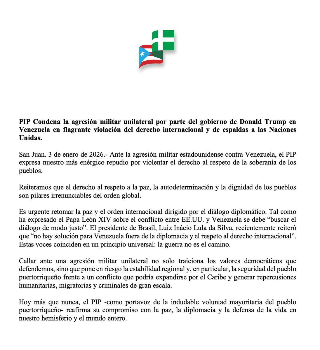 juandalmauPR's tweet image. PIP Condena la agresión militar unilateral por parte del gobierno de Donald Trump en Venezuela en flagrante violación del derecho internacional y de espaldas a las Naciones Unidas.

San Juan. 3 de enero de 2026.- Ante la agresión militar estadounidense contra Venezuela, el PIP…