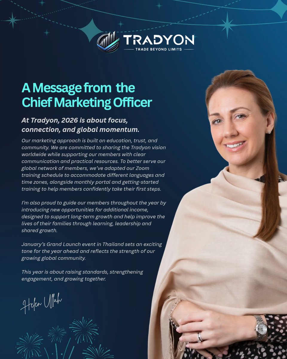 TradyonOfficial's tweet image. Leading 2026 with purpose — a message from Helen Ullah, CMO Tradyon.

#Tradyon #HelenUllah #LeadershipMessage #Vision2026 #GlobalCommunity #TradeBeyondLimits