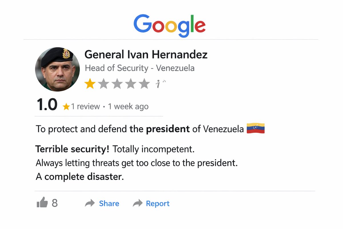 IamMrSilk's tweet photo. Just checked the Google review for Security of president of Venezuela #Venezuela #Trump https://t.co/rH6VrY3w3J