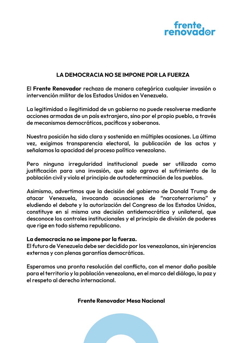 FrenteRenovador's tweet image. LA DEMOCRACIA NO SE IMPONE POR LA FUERZA 

El futuro de Venezuela debe ser decidido por los venezolanos, sin injerencias externas y con plenas garantías democráticas.