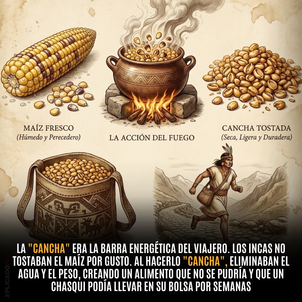 LA CANCHA: LA BARRA ENERGÉTICA MILENARIA DE LOS INCAS 
Los Incas desarrollaron la primera "barra energética" de la historia: la cancha, maíz tostado que eliminaba agua y peso tostádo, un alimento   nutritivo que los chasquis podían llevar en sus bolsas durante semanas.