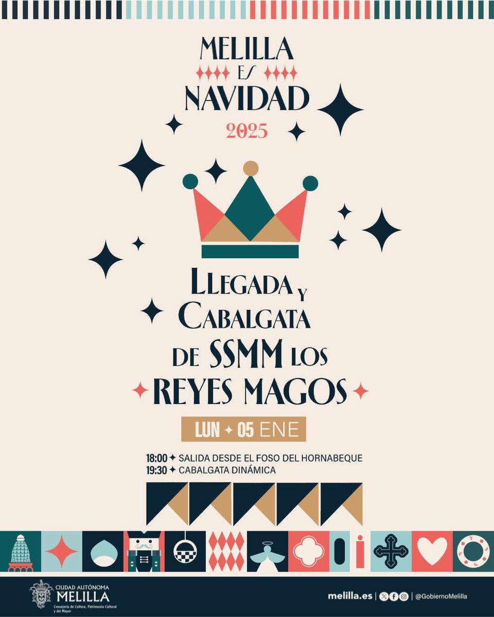 🎠 ¡Gran Cabalgata de Reyes!🎠
Este lunes 5 de enero, SS.MM. los Reyes Magos recorrerán nuestras calles en una cabalgata dinámica llena de magia e ilusión:

🕕 18:00 h — Salida desde el Foso del Hornabeque
🎉 19:30 h — Inicio de la cabalgata dinámica