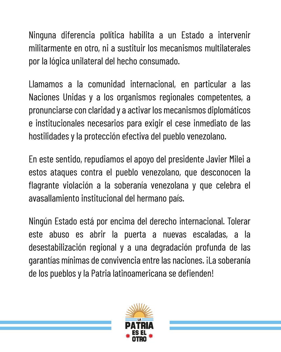 🇦🇷 Repudiamos el ataque de Estados Unidos a Venezuela.
Leé el comunicado acá 👇