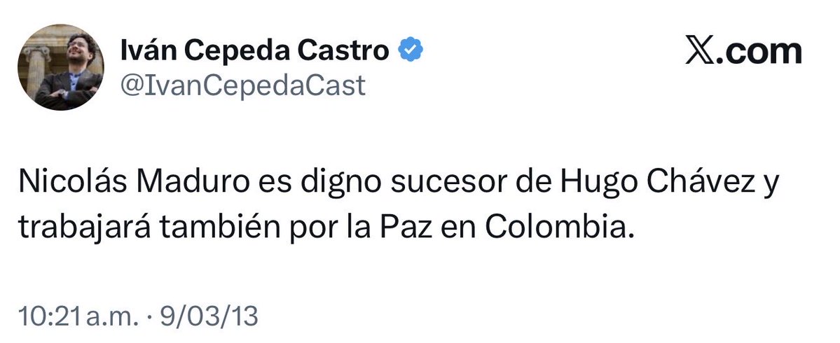 JCardenasRey's tweet image. El candidato Iván Cepeda sale a defender a quien llamó “digno sucesor de Hugo Chávez”. No podríamos los colombianos esperar menos.