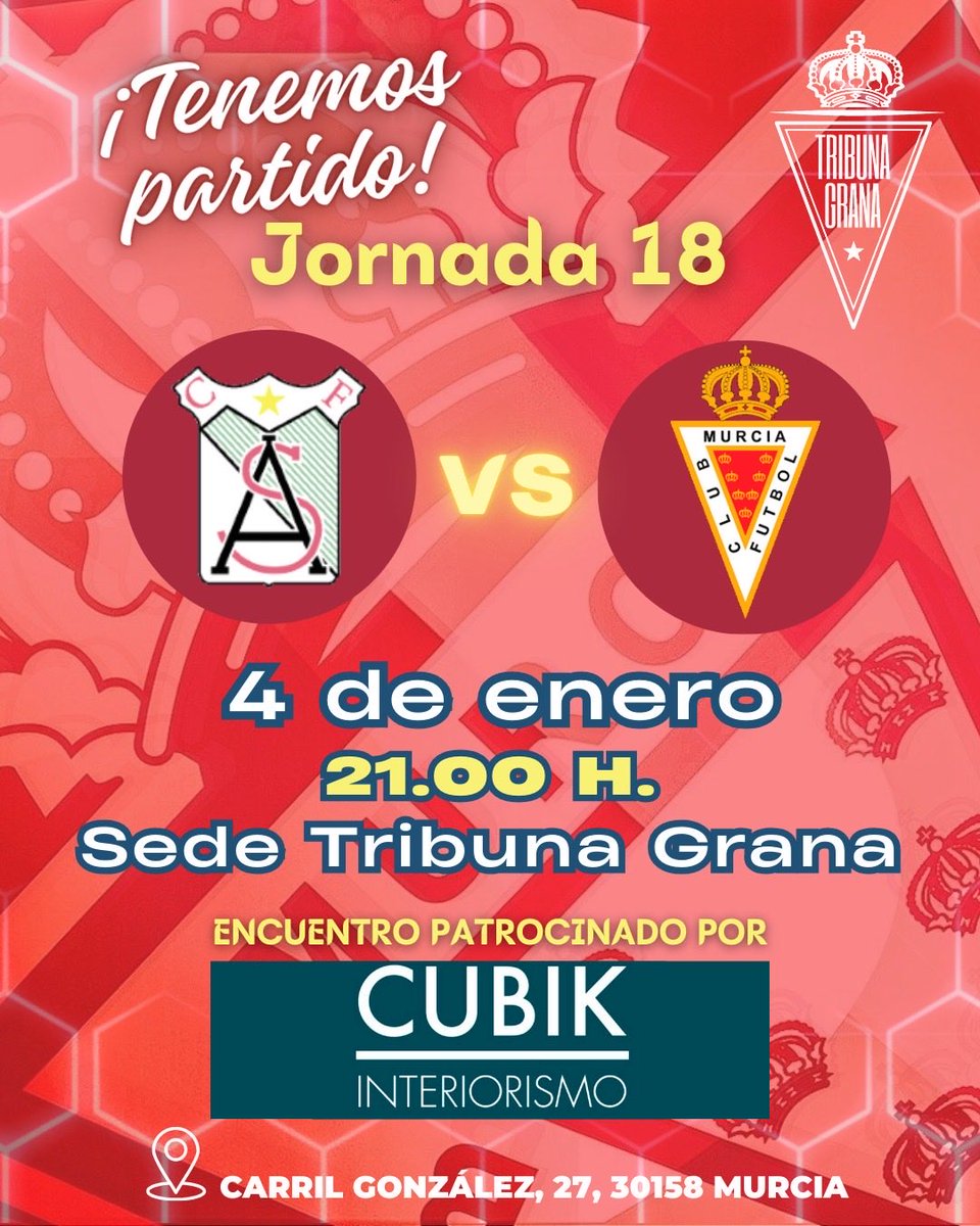 TENEMOS PARTIDO!!!!

Os esperamos Murcianistas en la sede de Tribuna Grana!!!

Nos vemos mañana a partir de las 20:00 para el <a href="/atcosanluqueno/">Atlético Sanluqueño</a> vs <a href="/realmurciacfsad/">Real Murcia CF</a> ❤️🤍

<a href="/FanRealMurcia/">Fan Real Murcia</a> <a href="/feperealmurcia/">FEPEMUR</a>