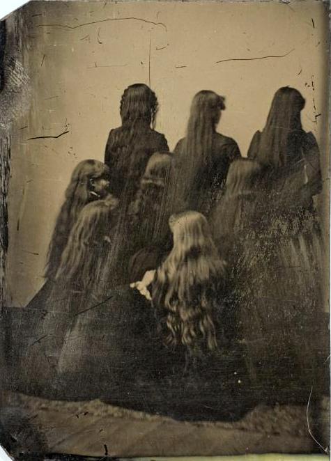 wikivictorian's tweet photo. Tintype portrait of eight women displaying their hair. Photographed in 1880. https://t.co/AtXUHH76a9