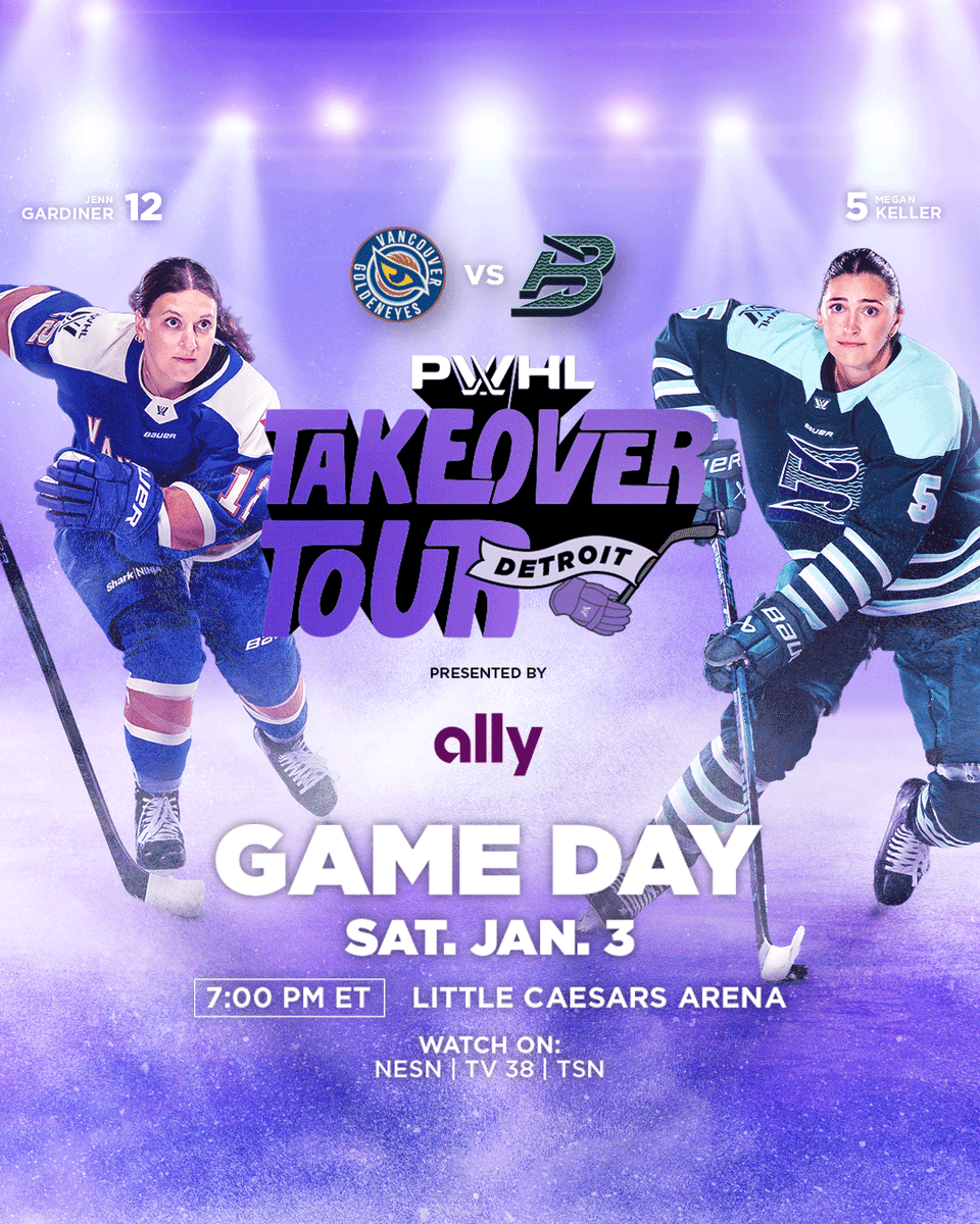 Game Day in Detroit 😤

It’s a dual-stop Takeover day! Catch us TONIGHT for the next stop on the 2025-26 PWHL Takeover Tour presented by Ally Financial.
🆚 <a href="/PWHL__Vancouver/">Vancouver Goldeneyes</a> at <a href="/PWHL_Boston/">Boston Fleet</a> 
⏰ 7:00PM ET
📍 Little Caesars Arena
🎟️ bit.ly/45njBSc
📺 thepwhl.com/en/where-to-wa…