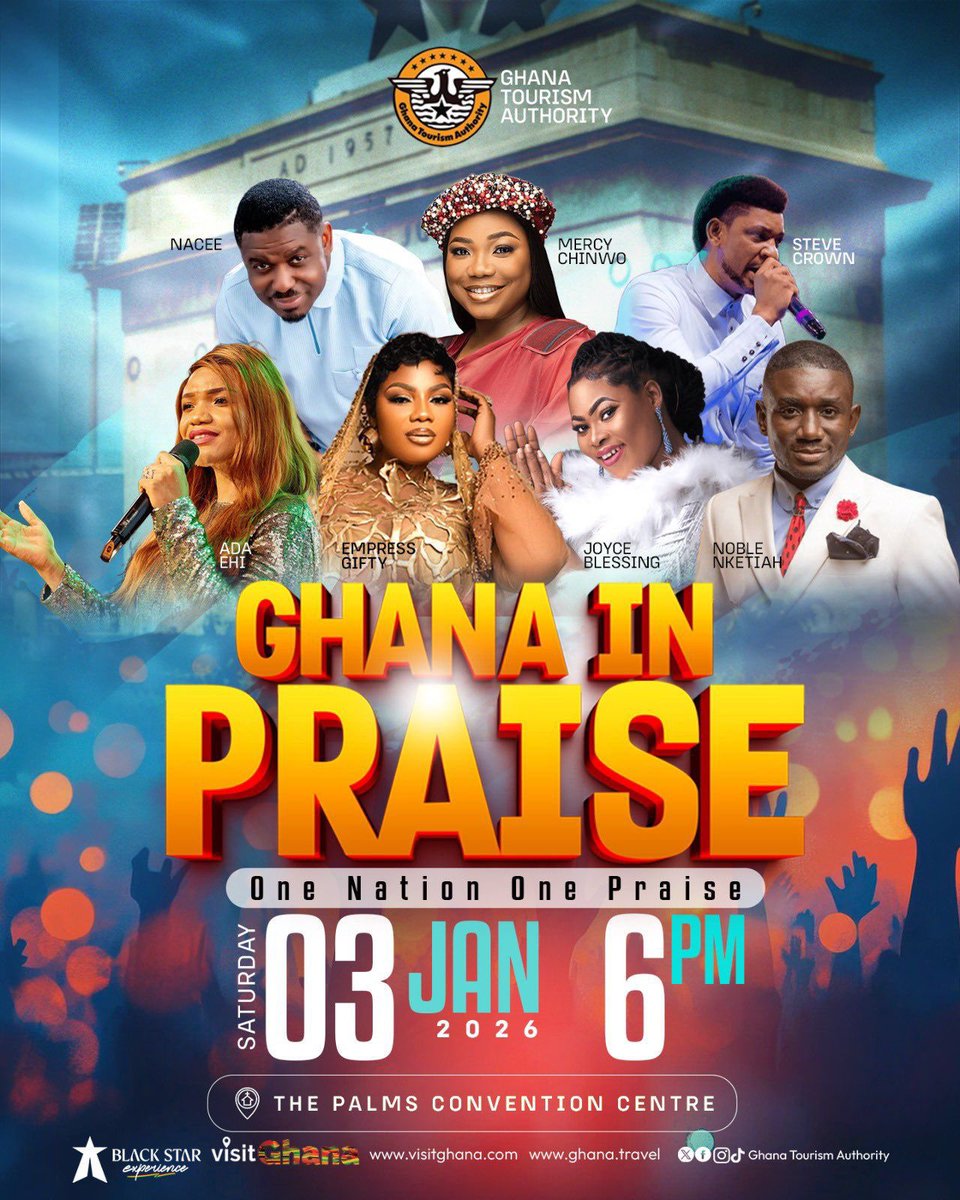 Ghana, we are lifting our voices in worship to welcome 2026 with power and faith. Join myself and an incredible lineup of ministers for #GhanaInPraise tonight at The Palms Convention Centre. 

#OneNationOnePraise #BlackStarExperience