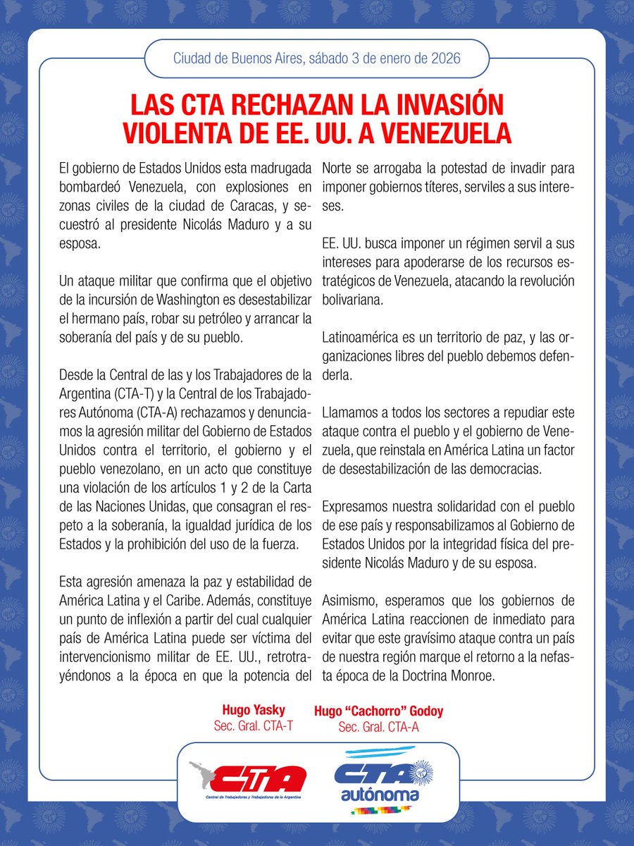 El bombardeo de EE.UU. en territorio venezolano viola la Carta de Naciones Unidas y retrotrae a América Latina a la nefasta época de la doctrina Monroe.
El obsceno cipayismo del gobierno argentino mancha la memoria de San Martín y los héroes de Malvinas.
Todas las expresiones