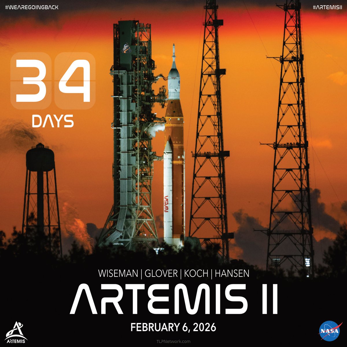TLPN_Official's tweet image. The countdown is real! In 34 days, Artemis II launches; sending astronauts around the Moon for the first time in over 50 years!! 

📅 Target: February 6, 2026 (Launch date subject to change)

Follow us for the latest Artemis II updates! 

#ArtemisII #WeAreGoingBack #Moon #Orion…