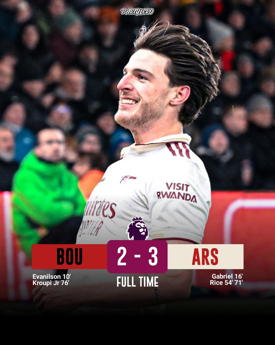 📍 FULL TIME! 

#BOUARS 2-3
⚽ Evanilson, Kroupi - Gabriel, Rice (2) 
🅰️ Cook - Martinelli, Saka, Odegaard
🅱️ Rice (+3), Evanilson (+2), Odegaard (+1)
🛡 Hill - Zubimendi, Rice, Gabriel