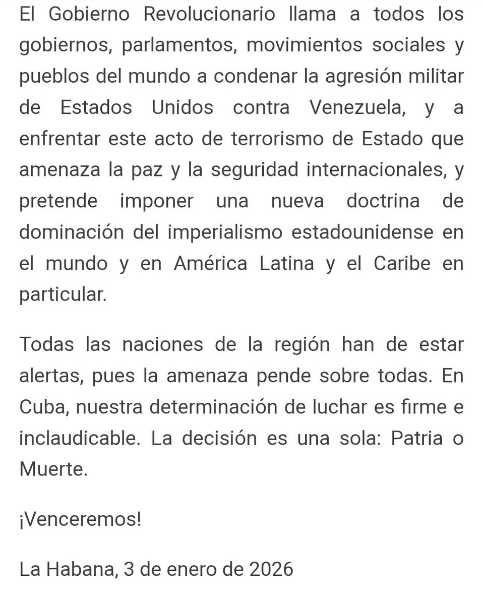 Escuchen bien señores imperialistas y aliados: 

"Todas las naciones de la región han de estar alertas, pues la amenaza pende sobre todas. En #Cuba, nuestra determinación de luchar es firme e inclaudicable. La decisión es una sola: Patria o Muerte.
¡Venceremos!"