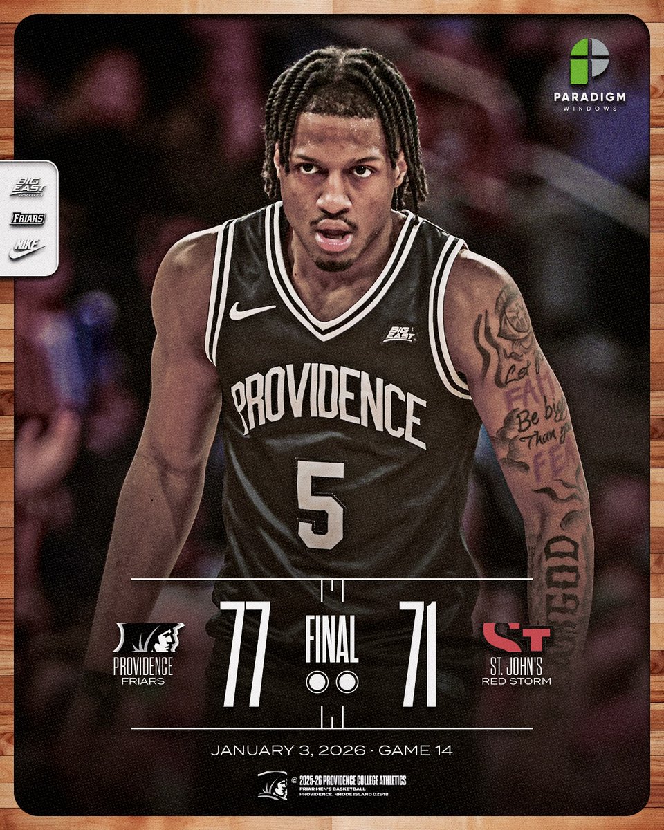 FRIARS WIN!!!

Providence - 77
St. John's - 71

Stefan Vaaks finishes with a team-high 16 points (4-6 3PT)

Jamier Jones (15pts/10reb) records his first double-double