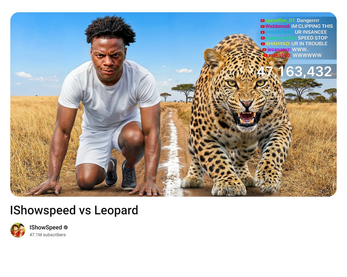 𝗗𝗔𝗬 𝟭𝟬/𝟭𝟬𝟬 challenge Concept Thumbnail                   

𝗧𝗶𝘁𝗹𝗲: "𝗜𝗦𝗵𝗼𝘄𝘀𝗽𝗲𝗲𝗱 𝘃𝘀 𝗟𝗲𝗼𝗽𝗮𝗿𝗱"
<a href="/ishowspeedsui/">Speed⭐️</a> 
<a href="/IShowSpeedHQ/">Speedy HQ</a> 

Let me know what you guys think