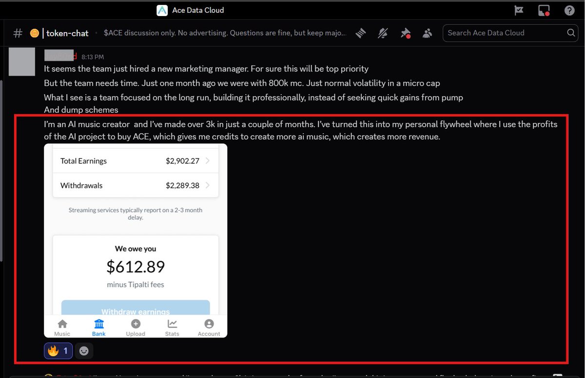 One of our users shared how they’re using Ace in practice.

They build AI music projects using the ACE Suno Music service, generate real revenue, and route part of that back into ACE to unlock platform credits. Those credits let them create more, ship faster, and scale output.