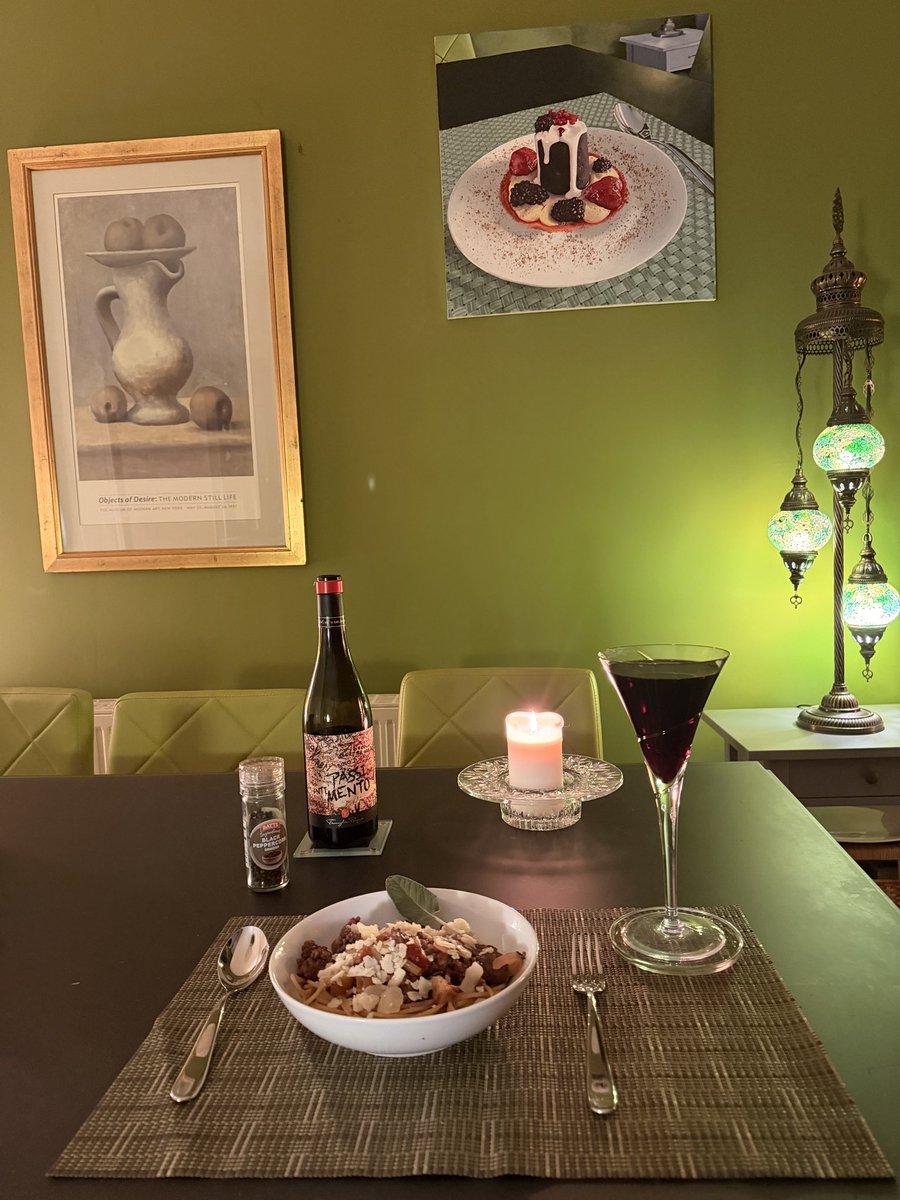 #TonightsDinner Spaghetti bolognese - ragu of mince, pancetta, soffrito (onion, carrot, celery),  garlic, chopped and puréed tomatoes, beef stock, Worcestershire sauce, red wine, S&amp;P, with fried sage, and Parmesan. Served with wholewheat pasta, and a glass of Italian red.