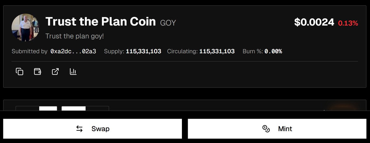 🧠 Meme Asylum Update 🧠

🚨 Minting $GOY is LIVE
🔁 Swapping $GOY now open for $ECT

Patient admitted: Trust the Plan Coin ( $GOY )
Diagnosis: Early. Untouched. Fully unhinged.

• 0% burned (fresh canvas)
• Circulating supply live 115,331,103
• Votes decide the fate

Build on