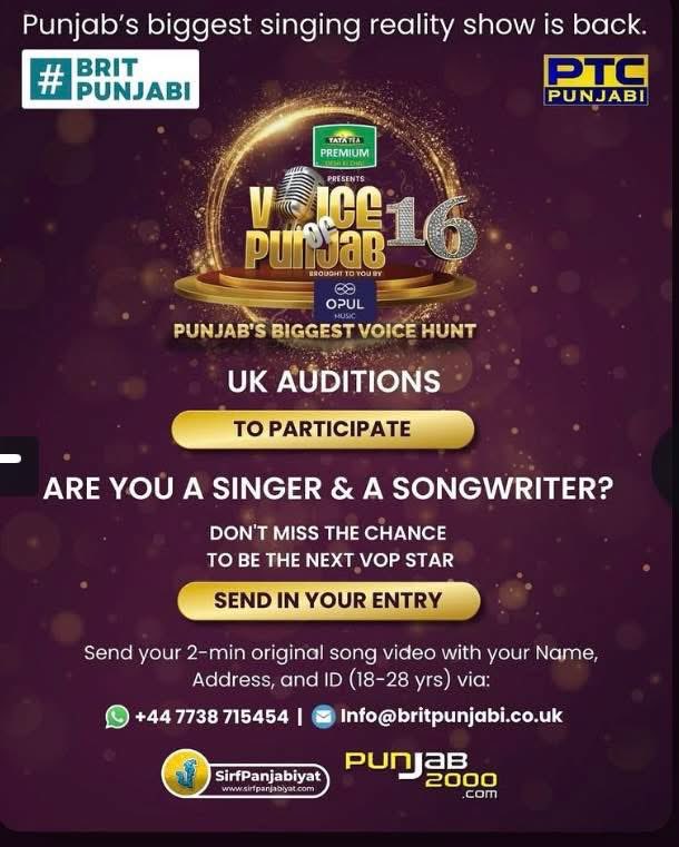 🚨Calling all UK singing stars-PTC Punjabi is hunting for the next big voice. Step up and be heard.
🚨SEND IN YOUR ENTRY
Send your 2-min original song video with your Name, Address, and ID (18-28 yrs) via WhatsApp: +44 7738
715454 or E: Info@britpunjabi.co.uk
<a href="/PTC_Network/">PTC Punjabi</a>