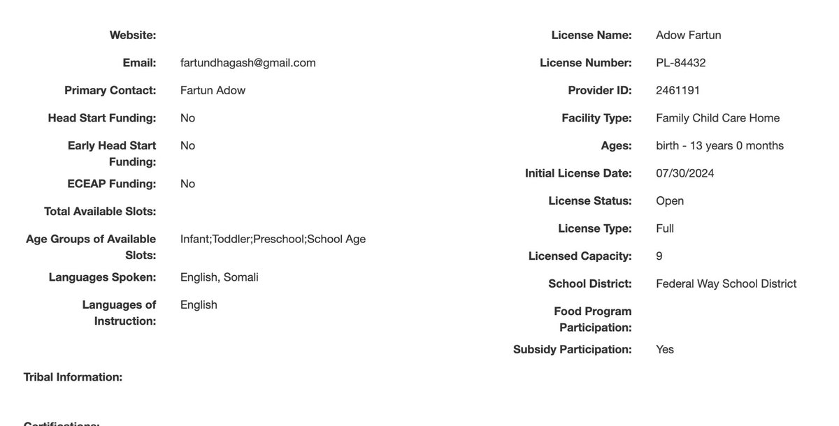 camhigby's tweet image. 🚨 SOMALI DAYCARE INFO DELETED FROM DCYF WEBSITE: 

DCYF website previously reflected that Dhagash Family Daycare ($200k+ tax dollars) had 3 children enrolled. 6 slots available for a license capacity of 9. 

Now available slots is blank. WHAT HAPPENED HERE?!