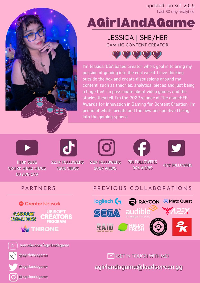 agirlandagame's tweet image. Hi, I'm Jessica and I'm a gaming content creator. I'd love to work with you! 🥰 

youtube.com/agirlandagame 
linktr.ee/agirlandagame 
📷:agirlandagame@loadscreen.gg