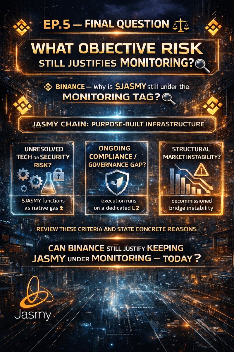 🔹 EP.5 — FINAL QUESTION 
What objective risk, if any, still justifies #BinanceMonitoring?

👉 Binance — why is $JASMY still under the Monitoring tag?

After defining the standard, correcting the classification, and reviewing:
✅ live adoption
✅ infrastructure design
✅ on-chain