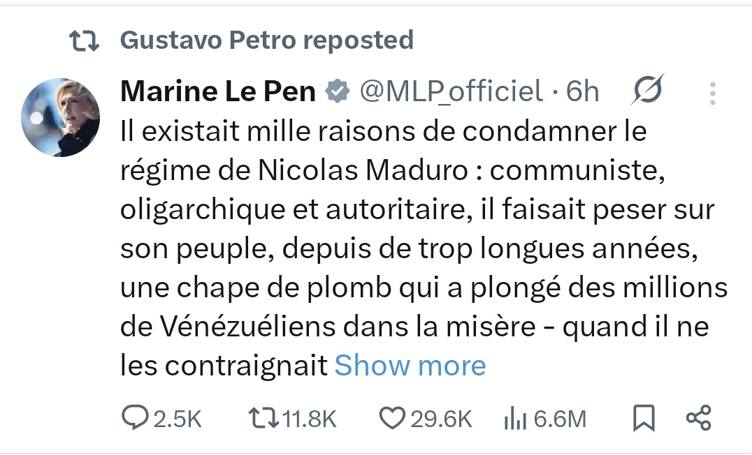 No estaba en el bingo de nadie ver a Petro darle RT a Le Pen.