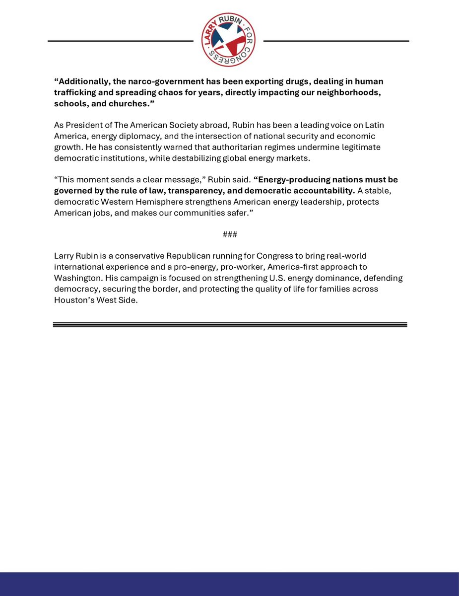 lrubin's tweet photo. Statement from Larry Rubin about the capture of the Venezuelan dictator Nicolás Maduro 🇺🇸
#Texas #Venezuela #AmericaFirst #StateOfLaw #Liberty https://t.co/157YxppyFW