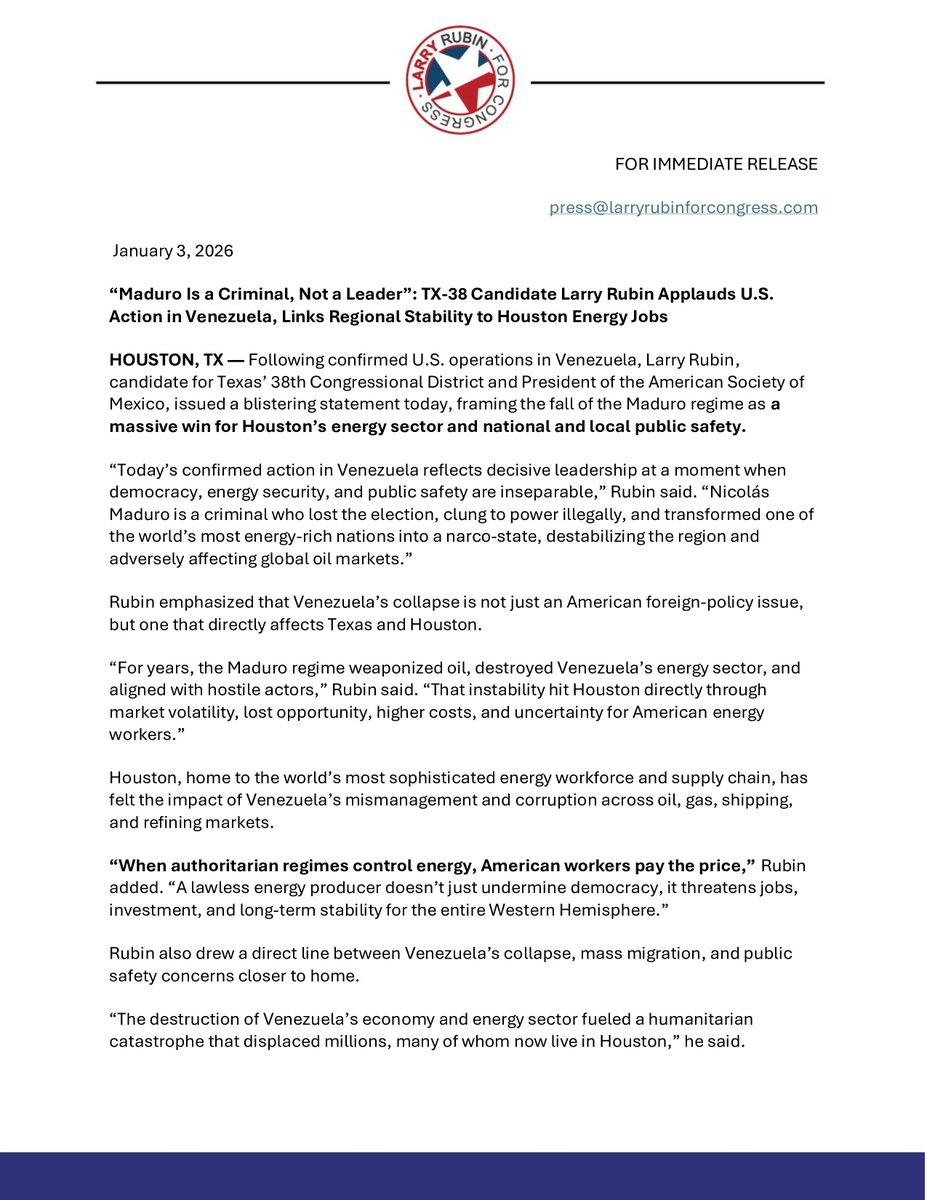 lrubin's tweet photo. Statement from Larry Rubin about the capture of the Venezuelan dictator Nicolás Maduro 🇺🇸
#Texas #Venezuela #AmericaFirst #StateOfLaw #Liberty https://t.co/157YxppyFW