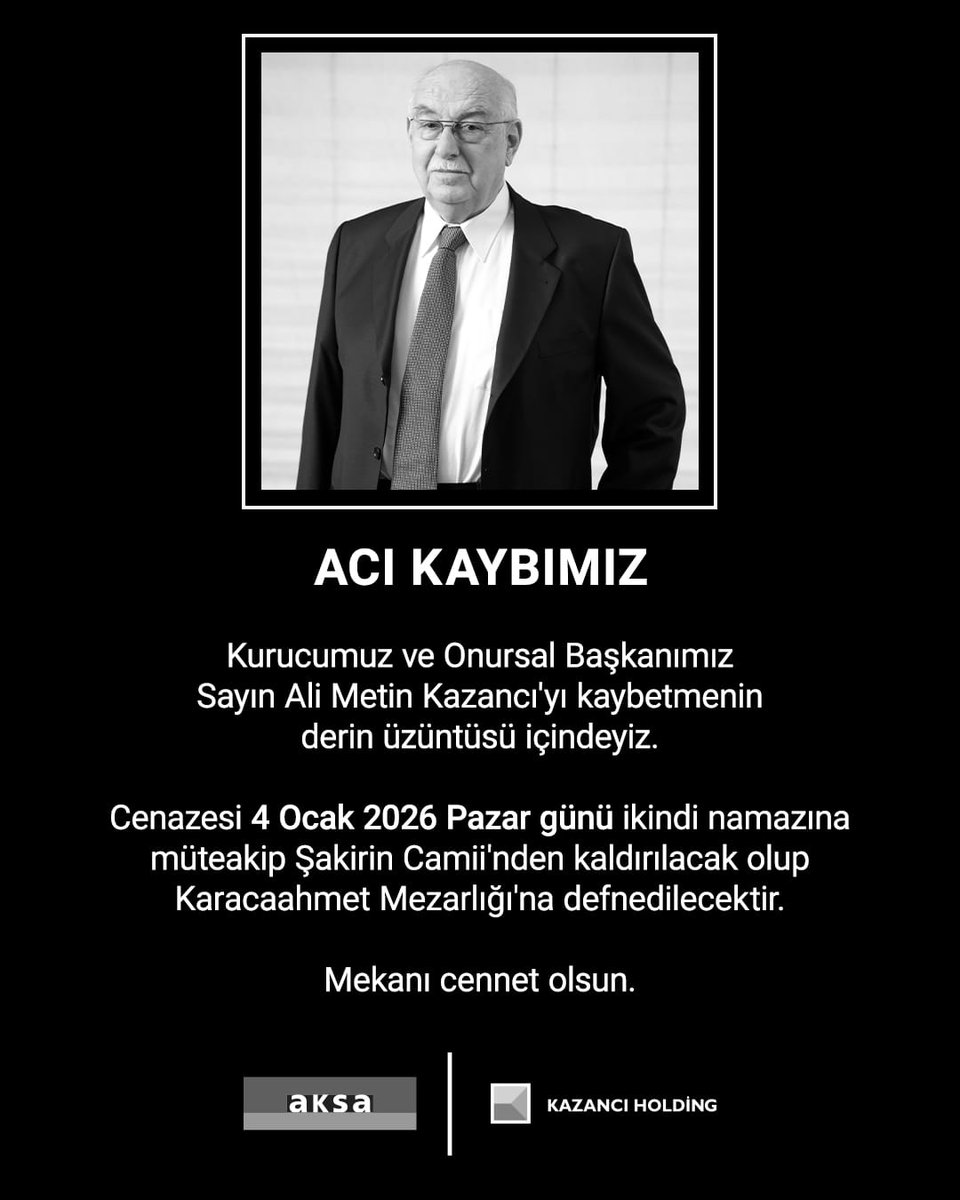 Kurucumuz ve Onursal Başkanımız Sayın Ali Metin Kazancı'yı kaybetmenin derin üzüntüsü içindeyiz. Cenazesi 4 Ocak 2026 Pazar günü ikindi namazına müteakip Şakirin Camii'nden kaldırılacak olup Karacaahmet Mezarlığı'na defnedilecektir. 
Mekanı cennet olsun.