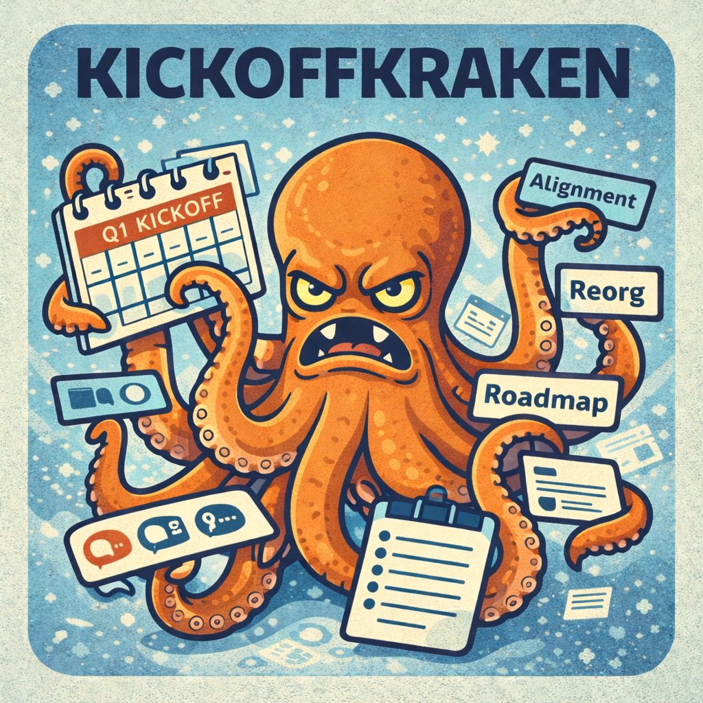 RealVacayCoin's tweet photo. KICKOFFKRAKEN 🐙📅

“Quick Q1 kickoff…” -> eight meetings.
One tentacle grabs your calendar, another grabs your soul.
“Alignment” turns into a week - long hostage situation.

Counter:
Decline what isn’t owned · Async updates only · 2 meeting windows max.
Feed it slides, it multiplies.

#VACAYCOIN