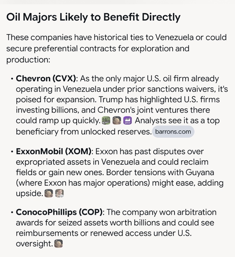 JesseCohenInv's tweet image. 🇺🇸 7 US Energy Stocks Likely To Benefit From Venezuela Oil Takeover:

• $CVX | Chevron
• $XOM | ExxonMobil
• $COP | ConocoPhillips
• $HAL | Halliburton
• $SLB | Schlumberger
• $VLO | Valero Energy
• $MPC | Marathon Petroleum